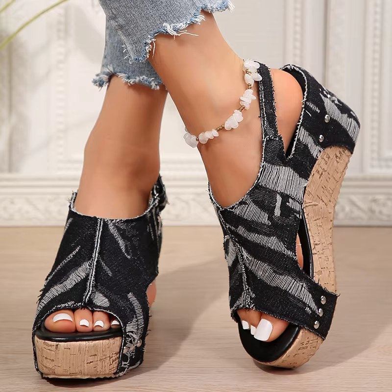 Adrienne | Women's Crossover Strap Wedge Sandals - Black - Image 1