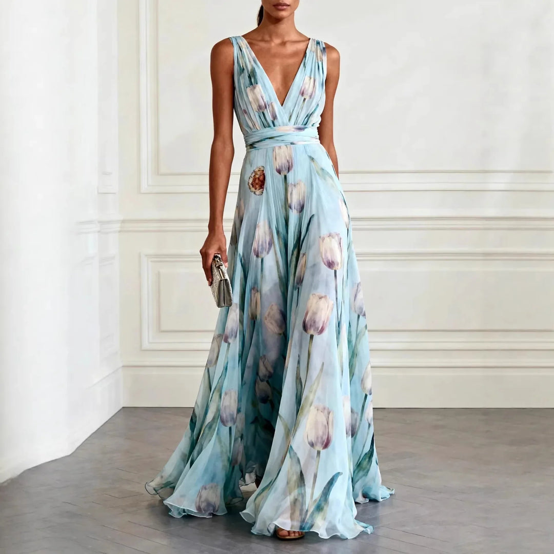Alcyone | Women's Floral V-Neck Maxi Dress - Light Blue - Image 1