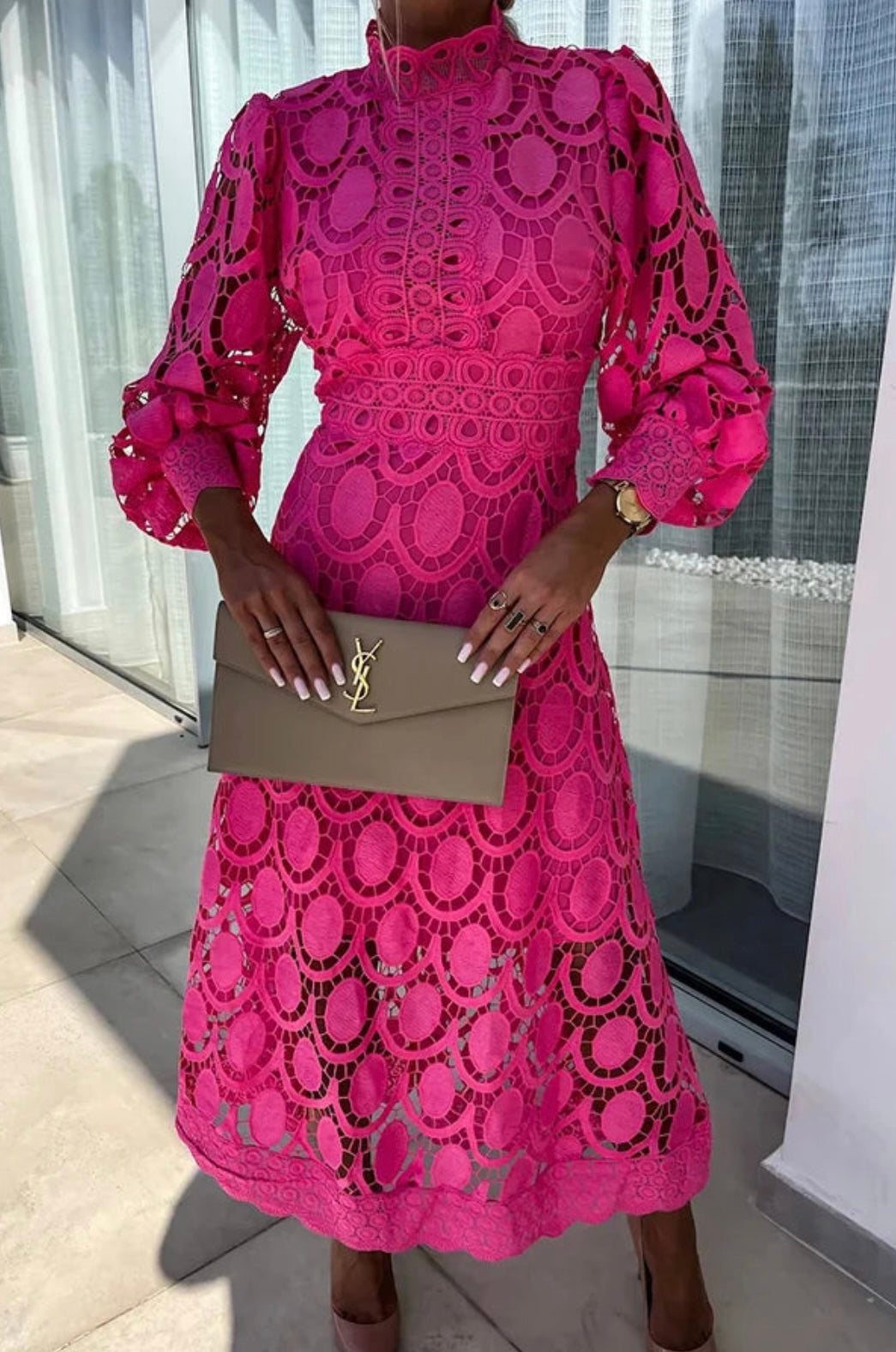 Amara | Women's High Neck Midi Dress - Pink - Image 1