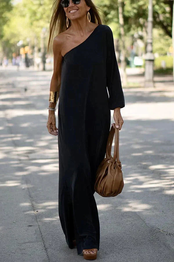 Anastasia | Women's One Shoulder Long Sleeve Maxi Dress - Black - Image 1