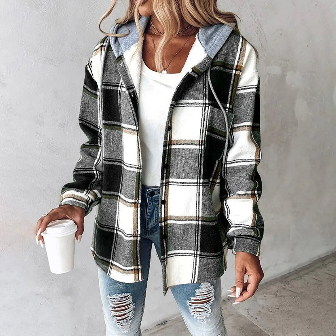 Anastasia | Women's Plaid Hooded Jacket - Grey - Image 1