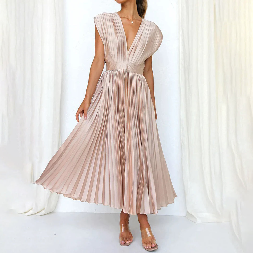 Anastasia | Women's V-Neck Sleeveless Pleated Midi Dress - Champagne - Image 1