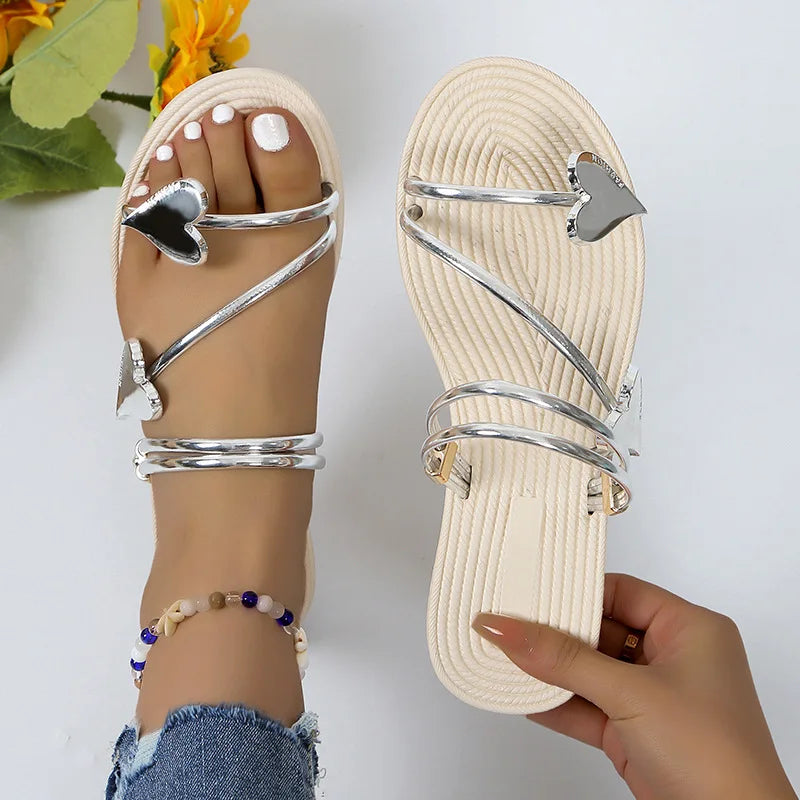 Andromeda | Women's Metallic Heart Strappy Sandals - Silver - Image 1