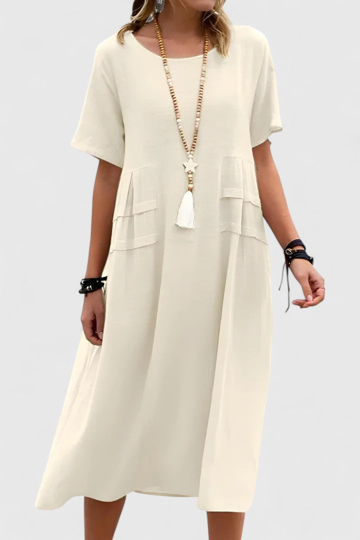 Andromeda | Women's Tiered Short Sleeve Midi Dress - Beige - Image 1