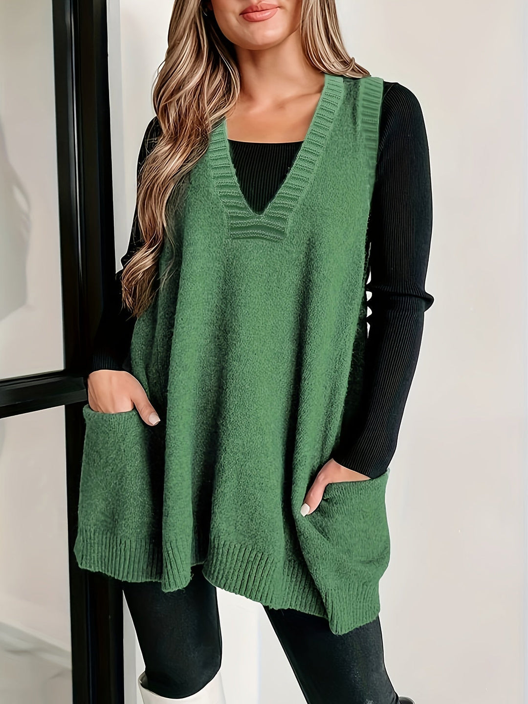 Antonia | Women's V-Neck Sleeveless Knit Vest - Green - Image 1