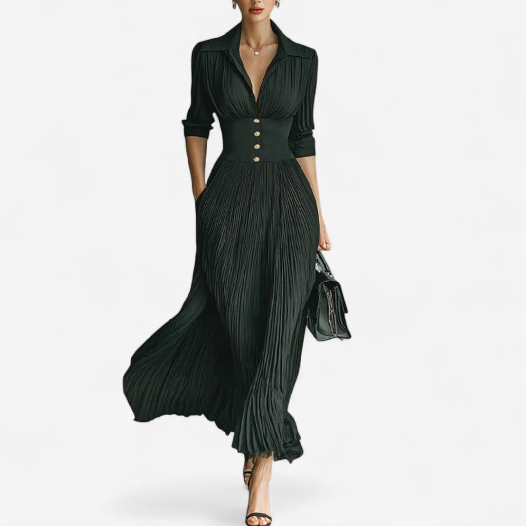 Apollonia | Women's Pleated V-Neck Maxi Dress - Dark Green - Image 1