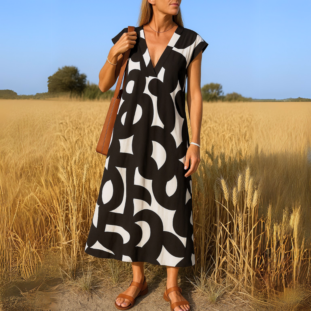 Arabela | Women's V Neck Printed Midi Dress - Black - Image 1
