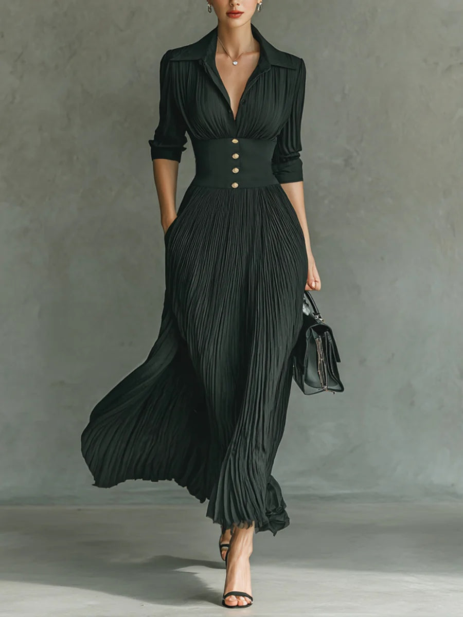 Arabesque | Women's Pleated Long Sleeve Maxi Dress - Green - Image 1
