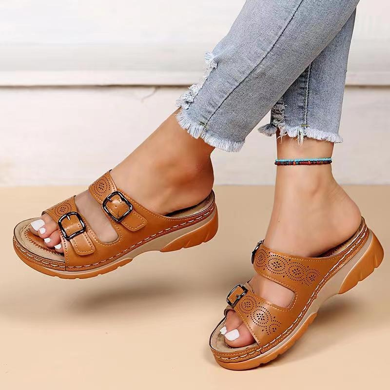 Araminta | Women's Adjustable Buckle Sandals - Brown - Image 1
