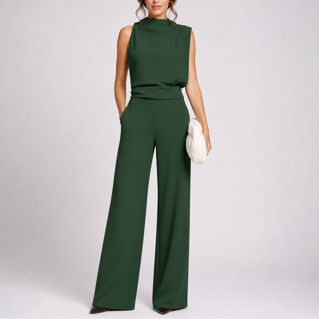 Araminta | Women's High Neck Wide Leg Sleeveless Jumpsuit - Dark Green - Image 1