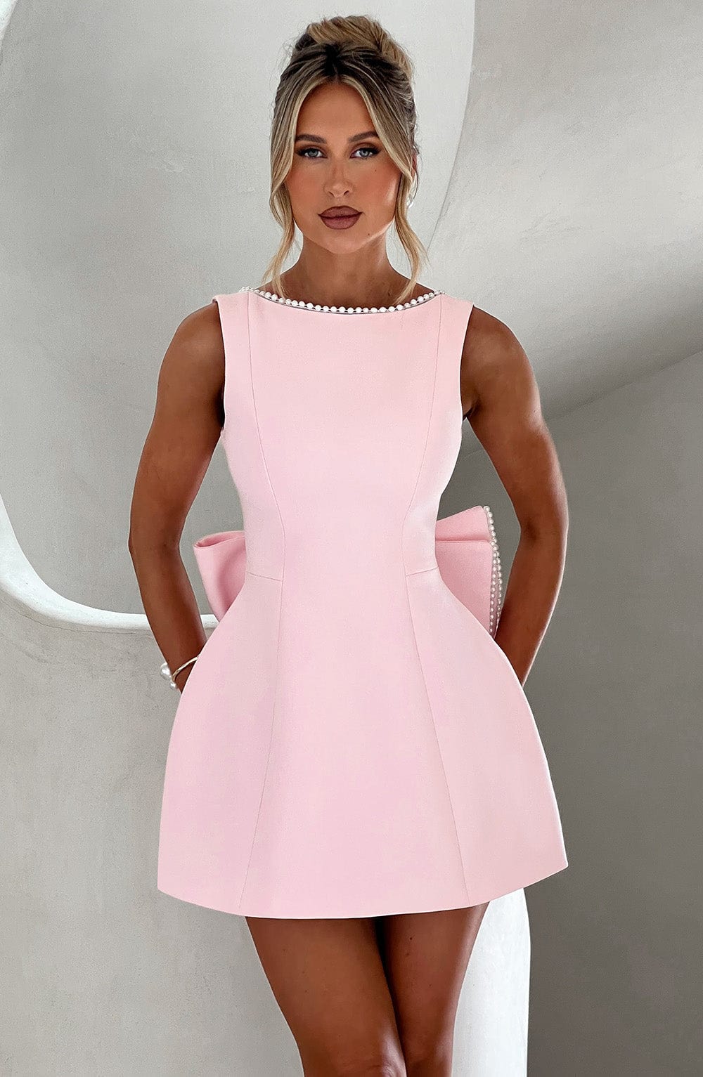 Araminta | Women's Pearl Trim A-Line Mini Dress - Pink - Image 1