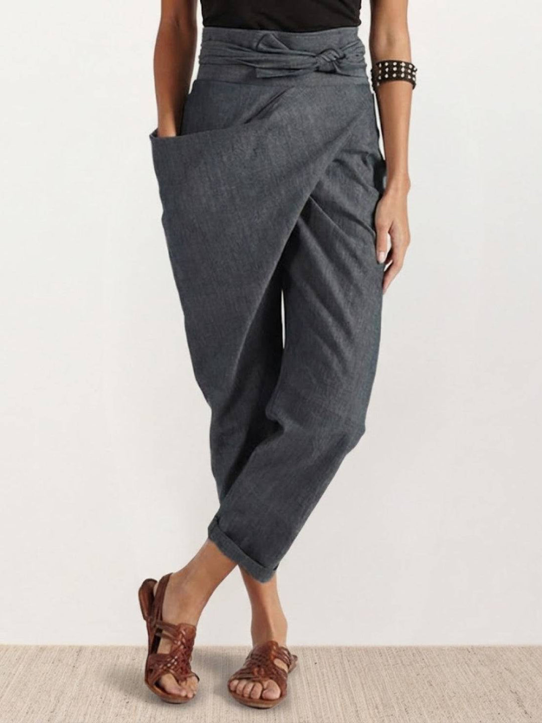 Aramis | Women's High Waist Wrap Front Cropped Trousers - Grey - Image 1