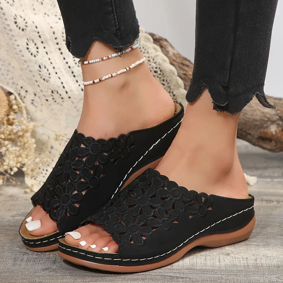 Arcadia | Women's Floral Comfort Flat Sandals - Black - Image 1