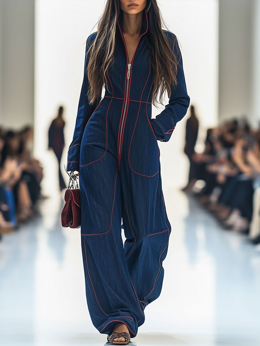 Artemis | Women's Long Sleeve Wide Leg Jumpsuit - Navy - Image 1