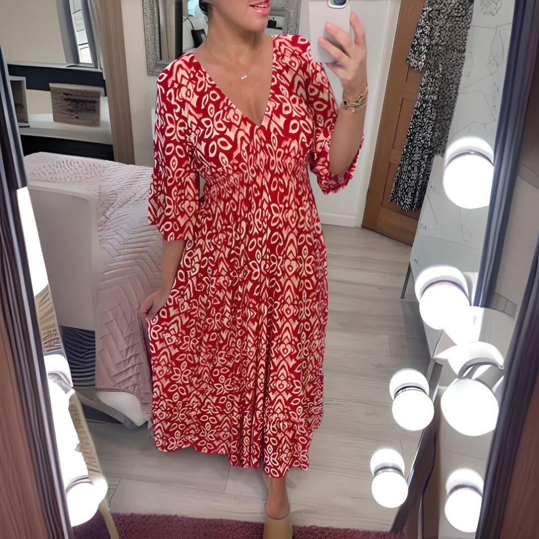 Artemis | Women's Printed V-Neck Midi Dress - Red - Image 1