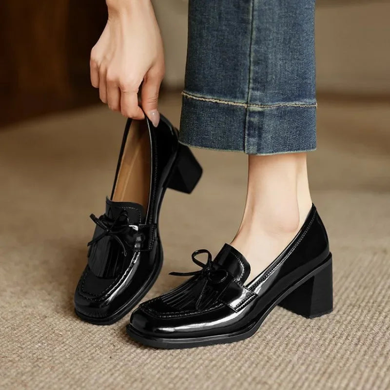 Astrid | Women's Tassel Block Heel Loafers - Black - Image 1