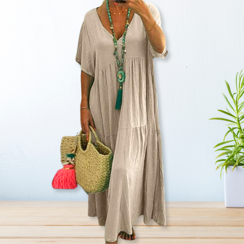 Astrid | Women's V-Neck Tiered Maxi Dress - Beige - Image 1