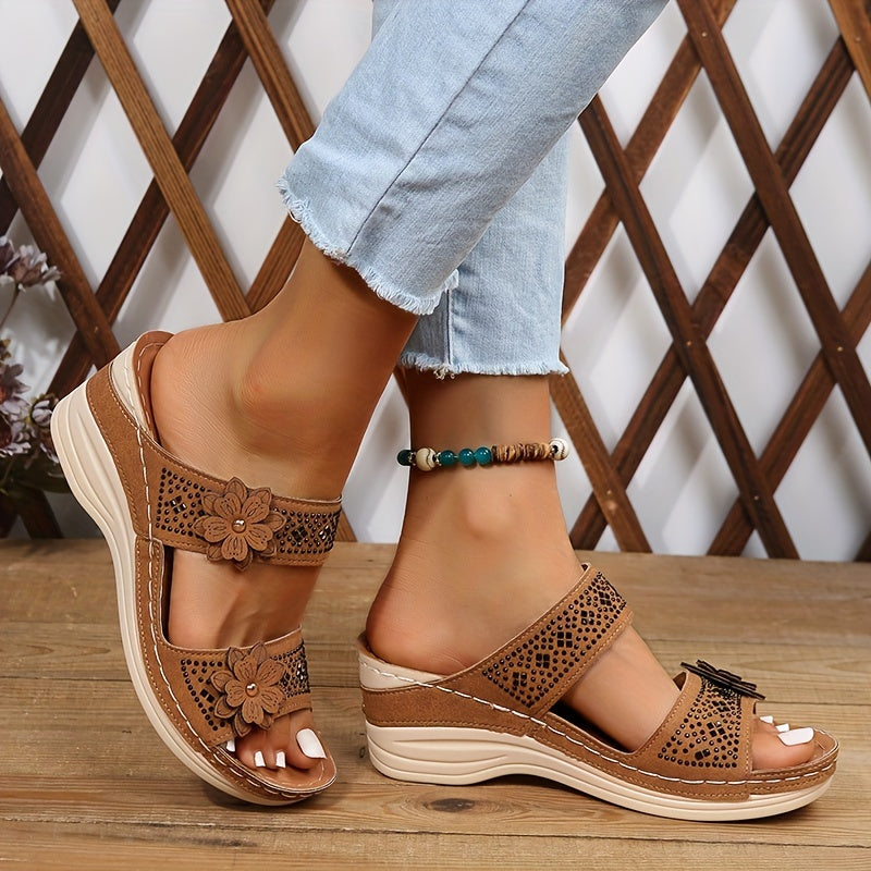 Astrophine | Women's Floral Embellished Wedge Sandals - Brown - Image 1
