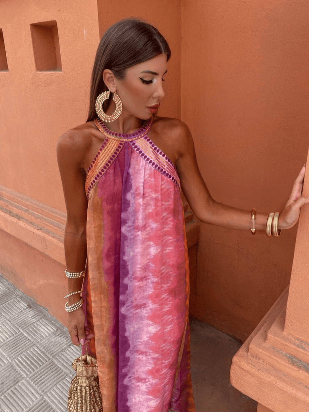 Aurelia | Women's Halter Neck Ombre Maxi Dress - Pink - Image 1