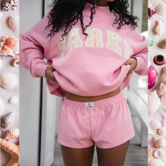 Aurelia | Women's Pink Cropped Hoodie and Shorts Set - Pink - Image 1