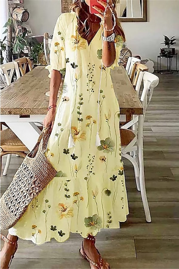 Azalee | Damen Maxikleid mit Blumenmuster, V-Ausschnitt und Quasten - Blumenmuster - Bild 2