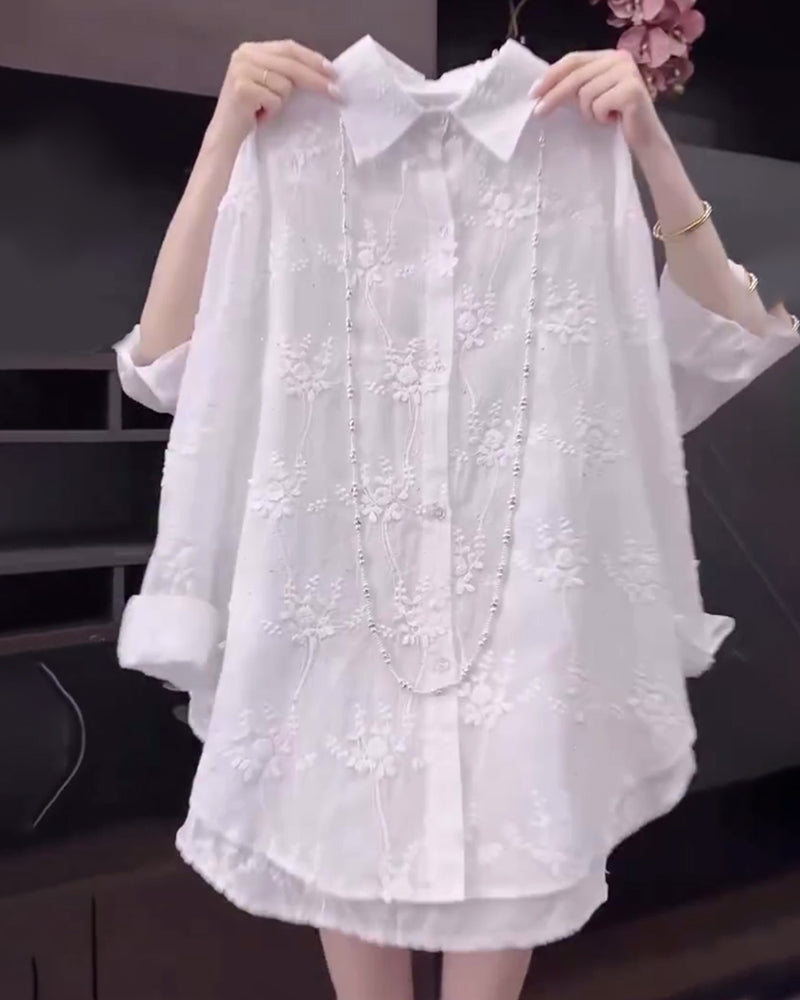 Beatrice | Women's Floral Embroidered Long Sleeve Blouse - White - Image 1
