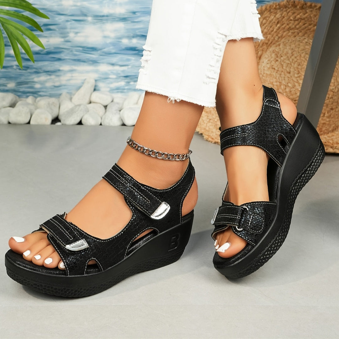 Beatrix | Women's Platform Wedge Sandals - Black - Image 1