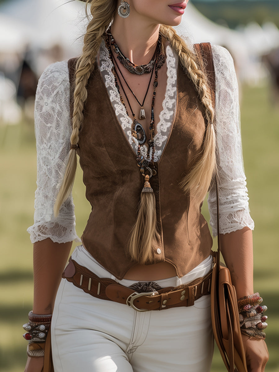 Beatriz | Women's Lace Sleeve Western Shirt - Brown - Image 1