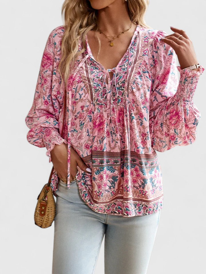 Belladonna | Women's Floral Print V-Neck Puff Sleeve Blouse - Floral - Image 1