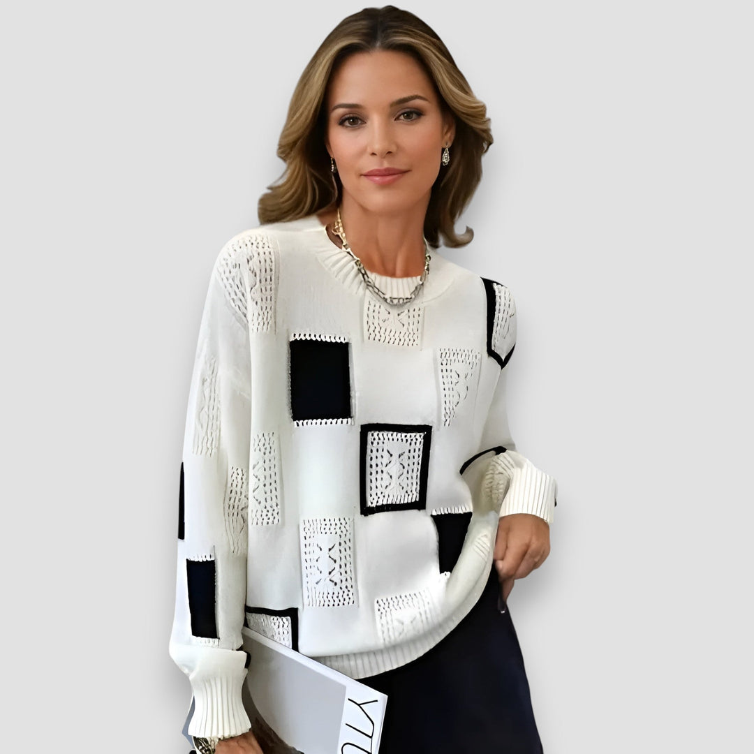 Belladonna | Women's Patchwork Square Long Sleeve Sweater - White - Image 1