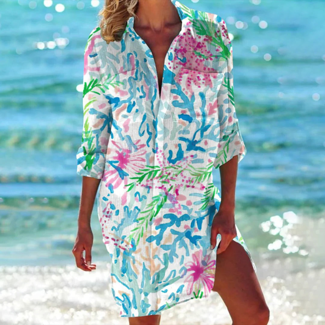 Bonnie | Women's Tropical Print Midi Shirt Dress - Image 1