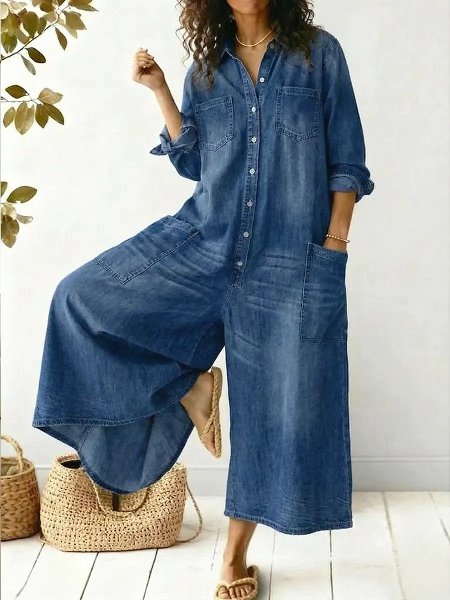 Briony | Women's Wide Leg Button Front Jumpsuit - Blue - Image 1