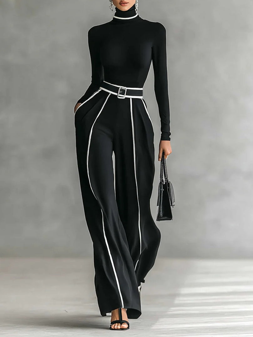 Bryony | Women's Mock Neck Long Sleeve Top & Wide Leg Pants Set - Black - Image 1