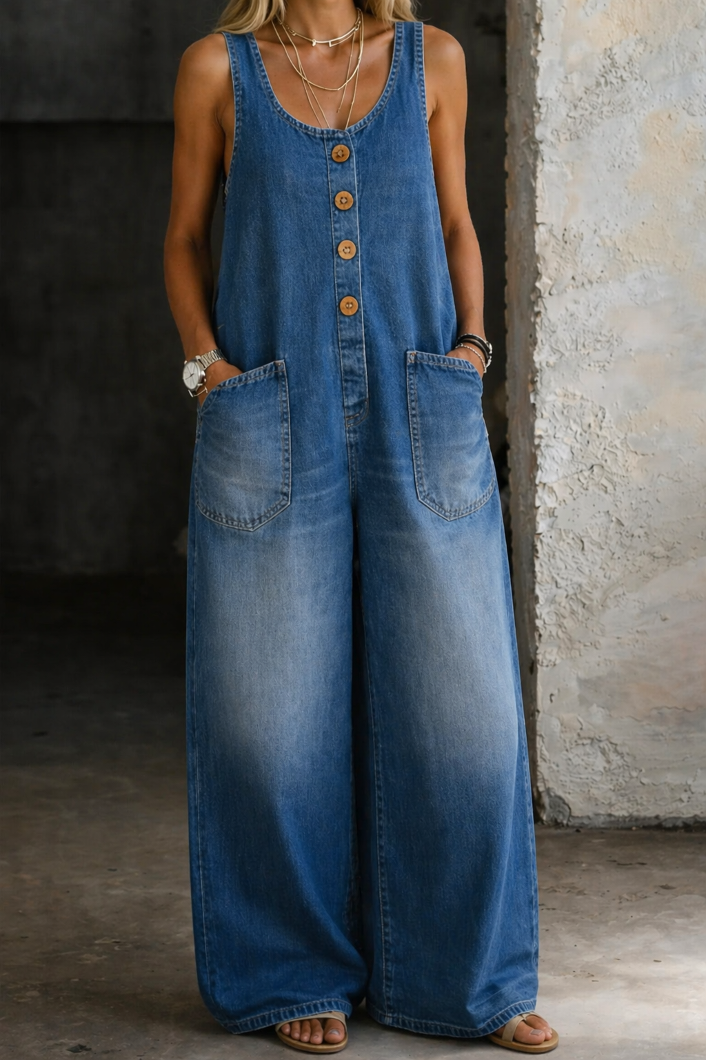 Calista | Women's Button Front Sleeveless Jumpsuit - Blue - Image 1