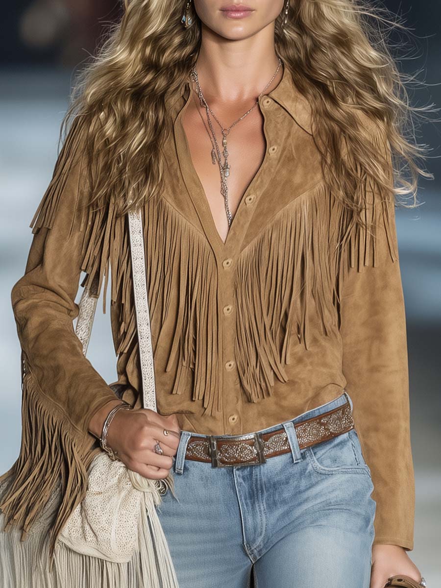 Calliandra | Women's Fringe Western Shirt - Brown - Image 1