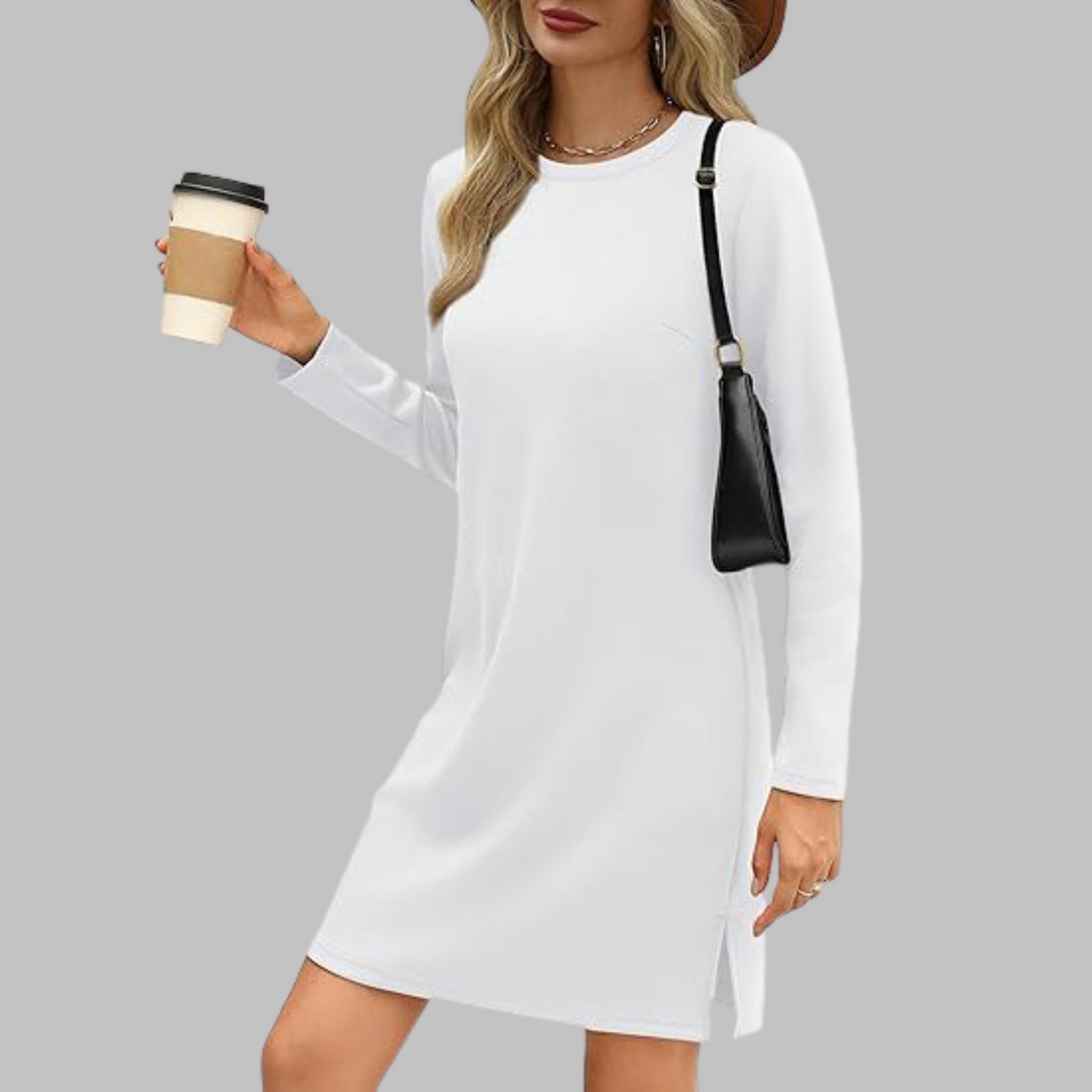 Calliandra | Women's Round Neck Long Sleeve Dress - White - Image 1