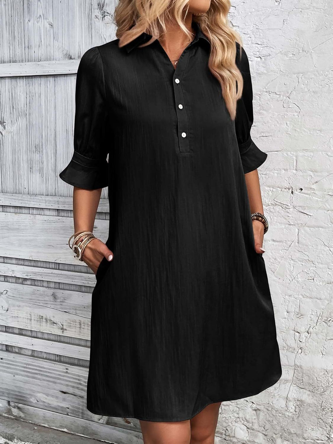 Camilla | Women's Button Down Shirt Dress - Black - Image 1