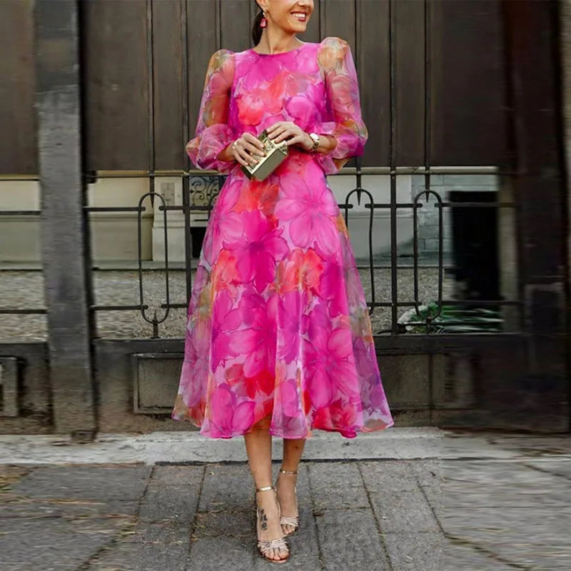 Camilla | Women's Floral Long Sleeve Midi Dress - Pink - Image 1