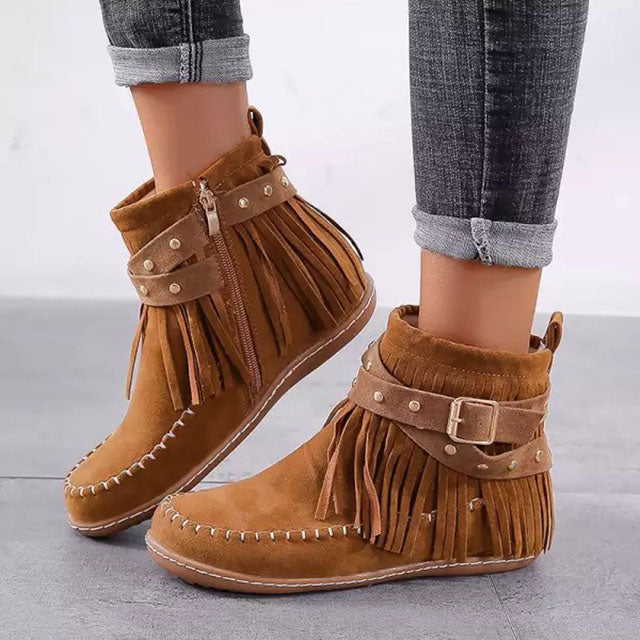 Camilla | Women's Fringe Ankle Boots - Brown - Image 1
