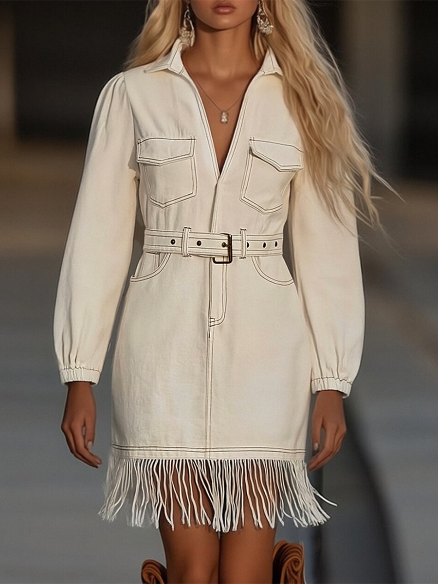 Cassandra | Women's Belted Fringe Hem Mini Dress - Beige - Image 1
