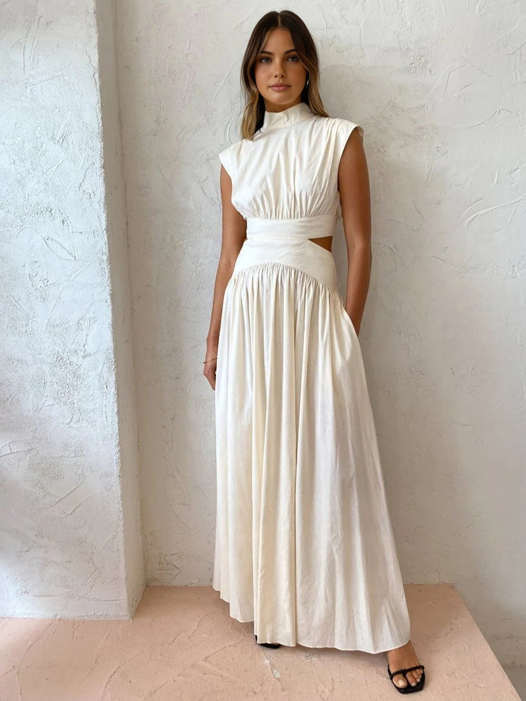 Cassandra | Women's Mock Neck Cutout Maxi Dress - Champagne - Image 1