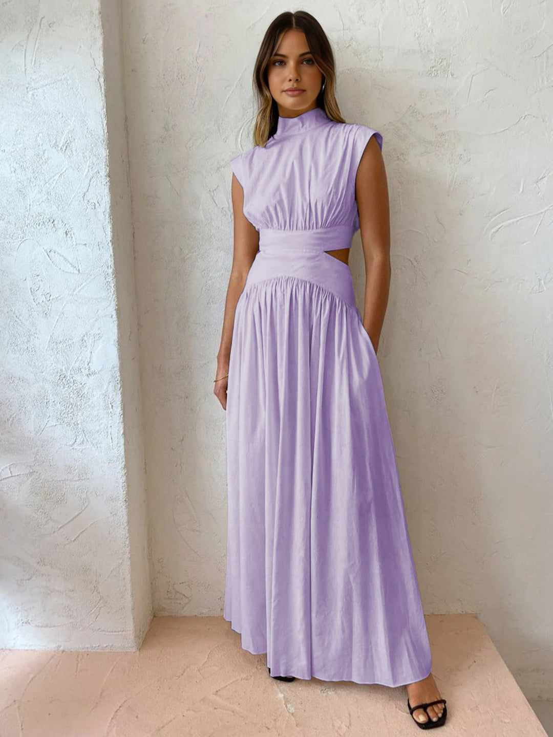 Cassandra | Damen Maxikleid mit Stehkragen und Ausschnitt - Champagner - Bild 7