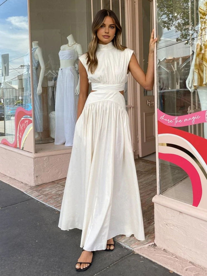 Cassandra | Damen Maxikleid mit Stehkragen und Ausschnitt - Champagner - Bild 8