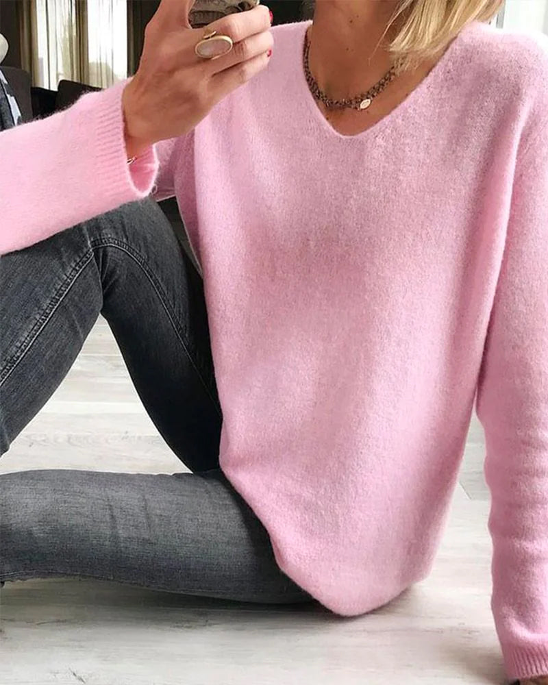 Cassia | Women's V-Neck Long Sleeve Jumper - Pink - Image 1