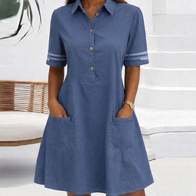 Cassiodora | Women's Collared Short Sleeve Shirt Dress - Blue - Image 1