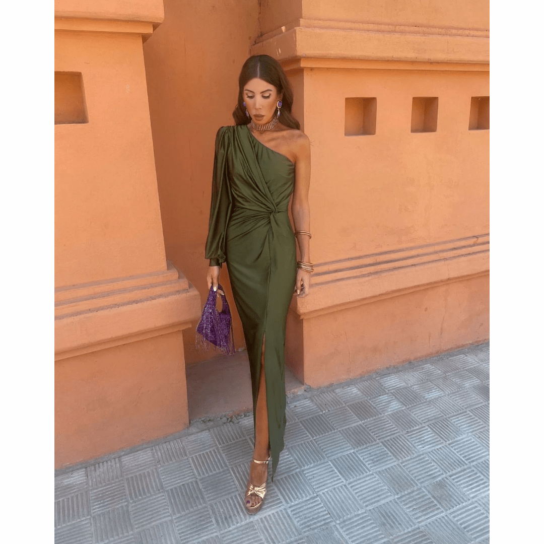 Cassiopeia | Women's One Shoulder Long Sleeve Maxi Dress - Khaki - Image 1