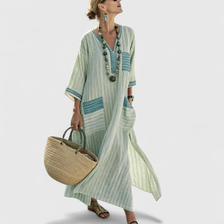Celeste | Women's V Neck Striped Maxi Dress - Green - Image 1