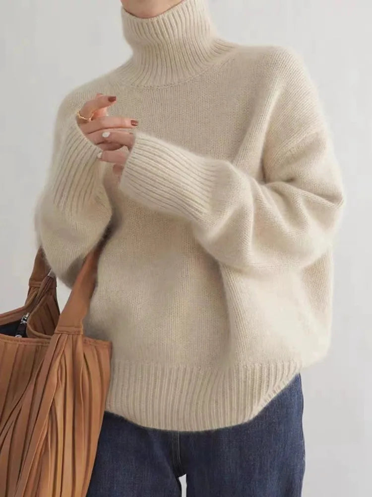 Celestine | Women's Oversized Turtleneck Sweater - Beige - Image 1