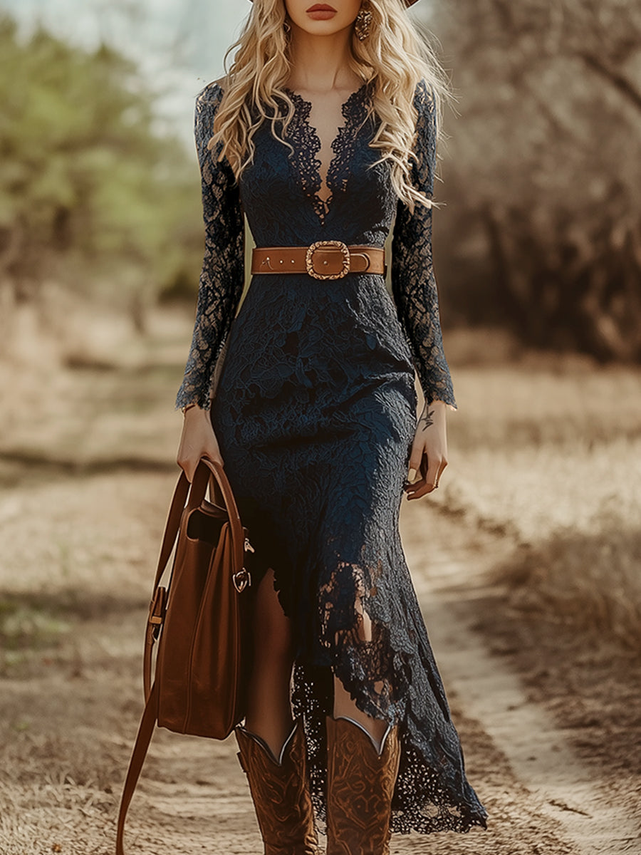 Celestria | Women's V-Neck Long Sleeve Lace Midi Dress - Navy - Image 1