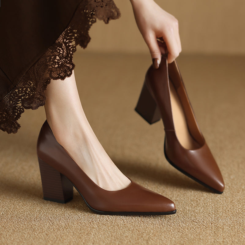 Cerelia | Women's Pointed Toe Block Heel Pumps - Brown - Image 1